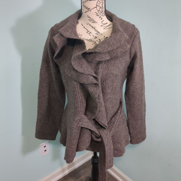 Fenn Wright Manson Sweater Cardigan Womens small brown Lambs Wool Ruffle Tie Bel - Picture 1 of 4